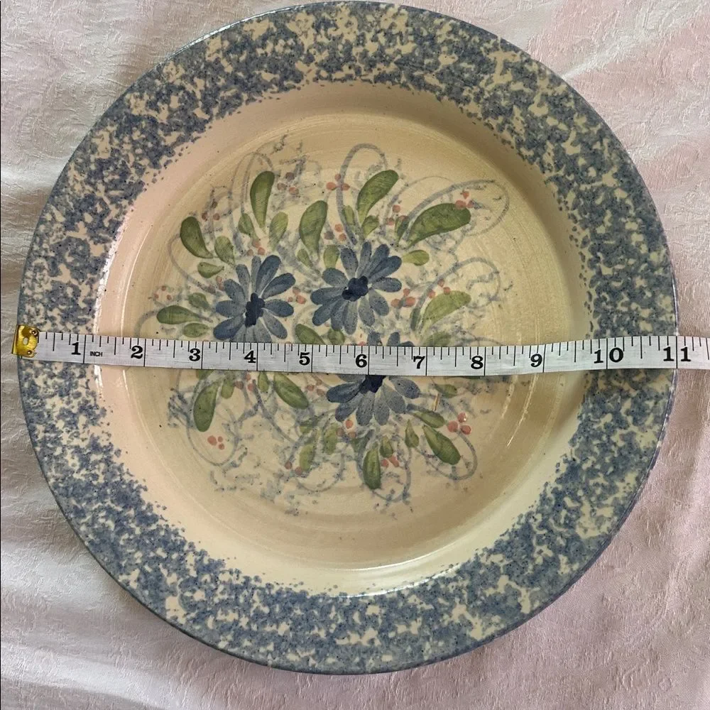 Plate Blue Spongeware Large Pottery Floral Pattern Deep Dish Large